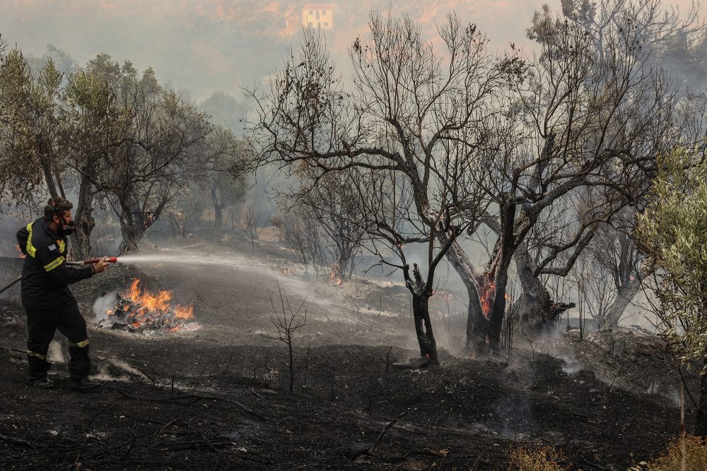 Feuerwehrmann kämpft bei einem Waldbrand in Griechenland gegen die Flammen