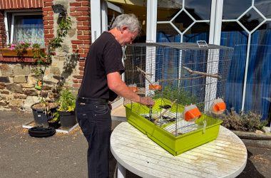 Berthold Thomahsen beim Füttern eines Vogels im Käfig