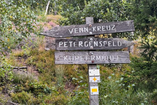 Schilder im Wald: Kupfermühle - Venn-Kreuz nach links, Petergensfeld nach rechts