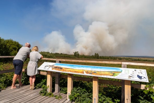 Menschen an der Panorama-Tafel auf Baraque Michel