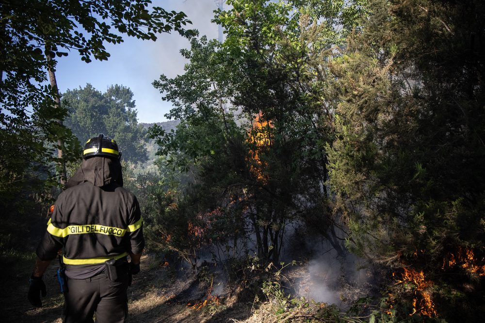 Italienischer Feuerwehrmann in einem brennenden Waldgebiet