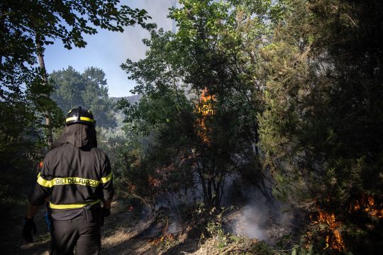 Italienischer Feuerwehrmann in einem brennenden Waldgebiet