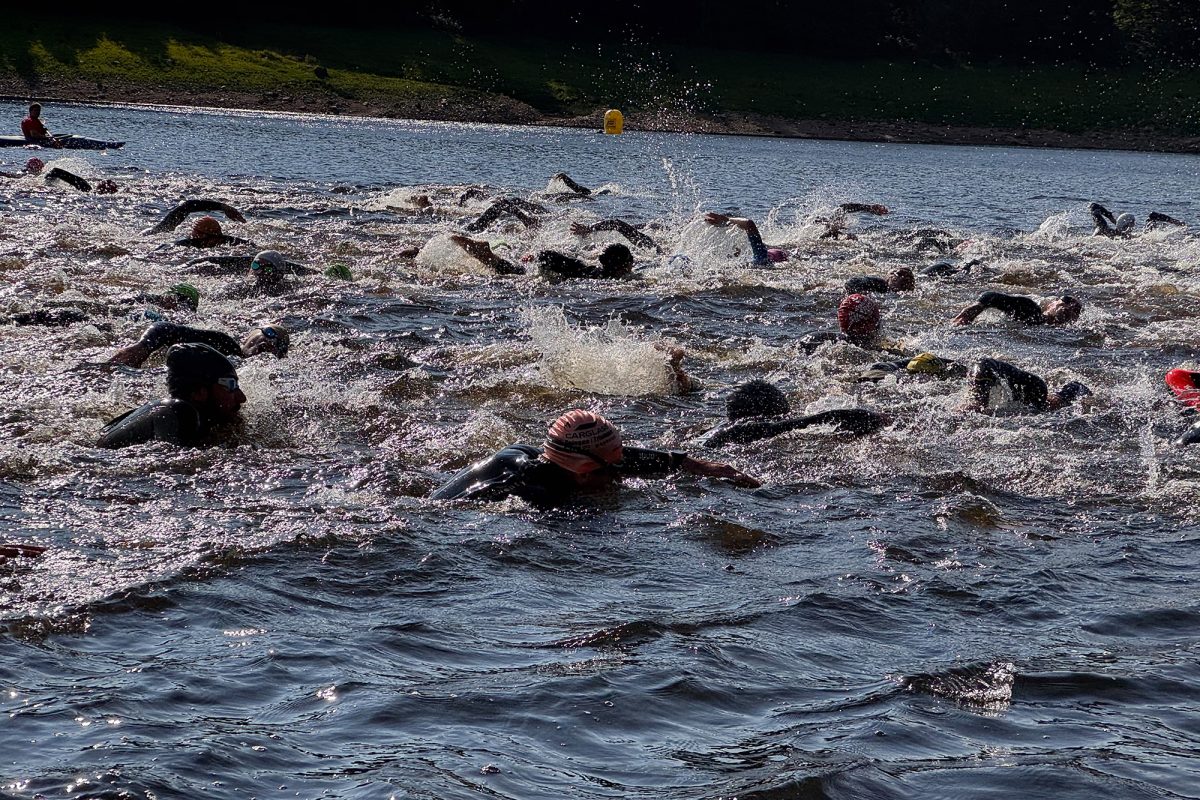 Die Triathleten schwimmen im Wasser