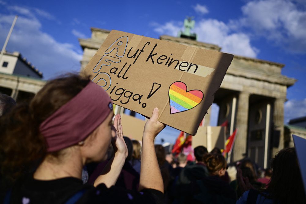 Demo vorm Brandenburger Tor in Berlin, eine Frau hält ein Schild in die Höhe, auf dem steht: "AfD: Auf keinen Fall Digga"