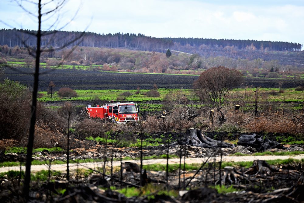 Feuerwehrfahrzeug im teilweise verbrannten Hohen Venn