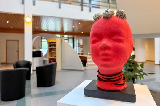 Ein roter Kopf und darauf befestigte Schmuckstücke in der Skulptur von Norbert Huppertz