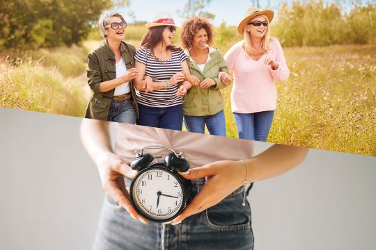 Lachende Frauen auf einem Bild, auf einem zweiten Bild hält eine Frau einen Wecker